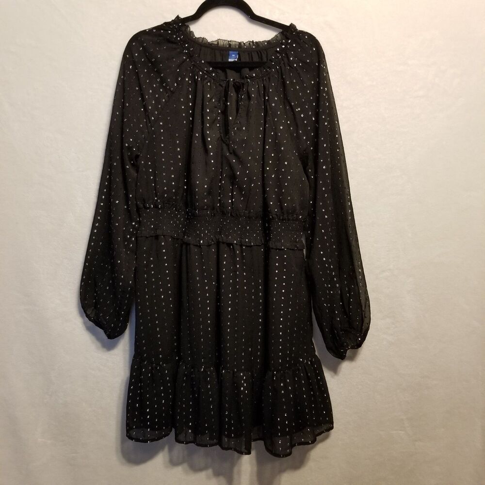 Old Navy 2X Dress Black Silver Swiss Dot Smocked Waist Sheer Chiffon Whimsigoth